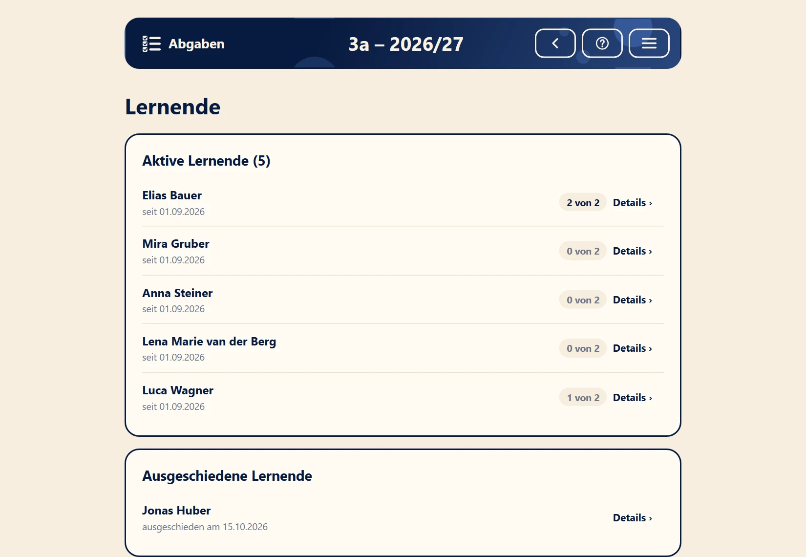 Liste der Lernenden mit der Zahl offener Abgaben pro Person