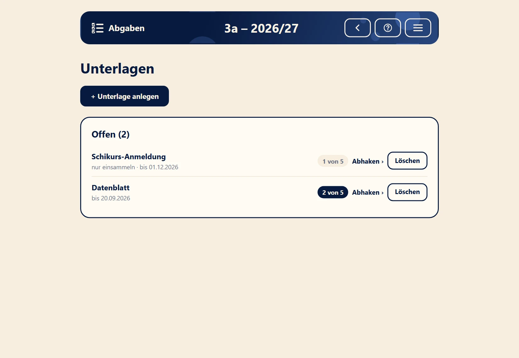 Offene Unterlagen mit Frist und Stand der Abgaben