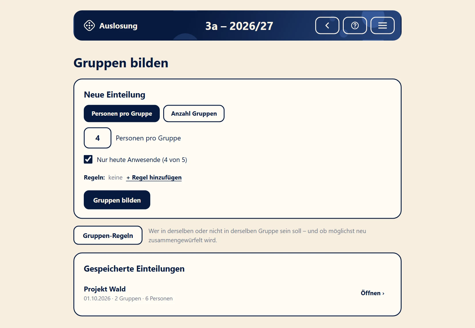 Gruppen bilden nach Größe oder Anzahl, mit Regeln und Anwesenheit