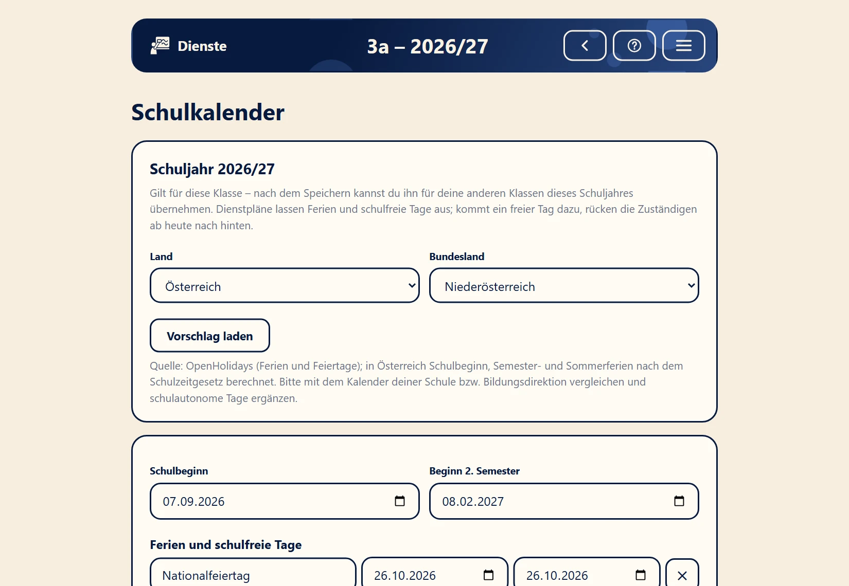 Schulkalender mit Land, Bundesland, Ferien und schulautonomen Tagen