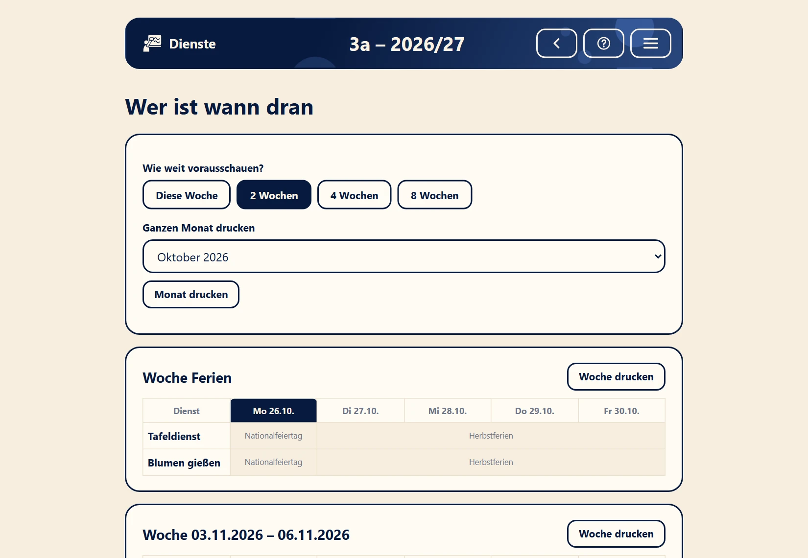 Wochenübersicht der Dienste mit Ferien und Zuständigen