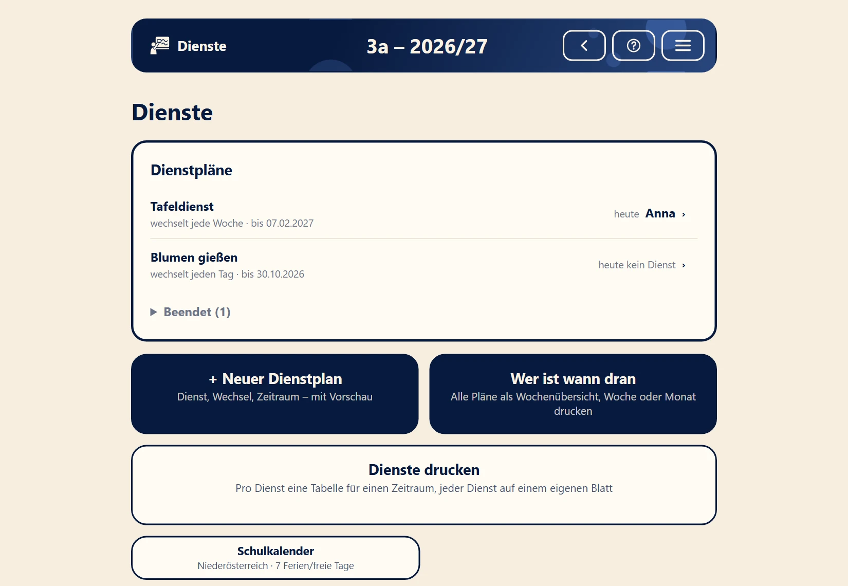 Dienstpläne mit heutigen Zuständigen