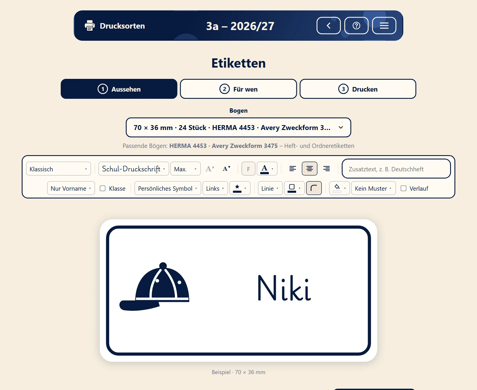 Etiketten gestalten mit Schrift, Symbol und Rahmen