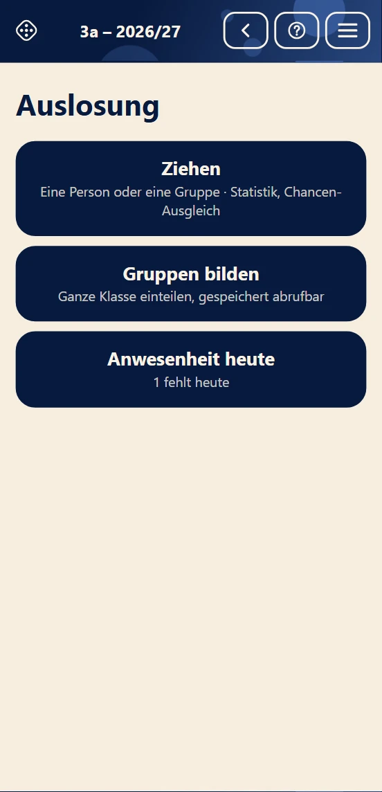 Startseite der Auslosung mit Ziehen, Gruppen bilden und Anwesenheit