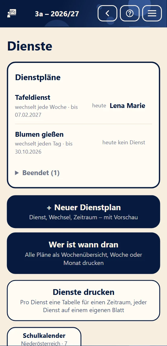 Startseite der Dienste mit Dienstplänen und wer heute dran ist