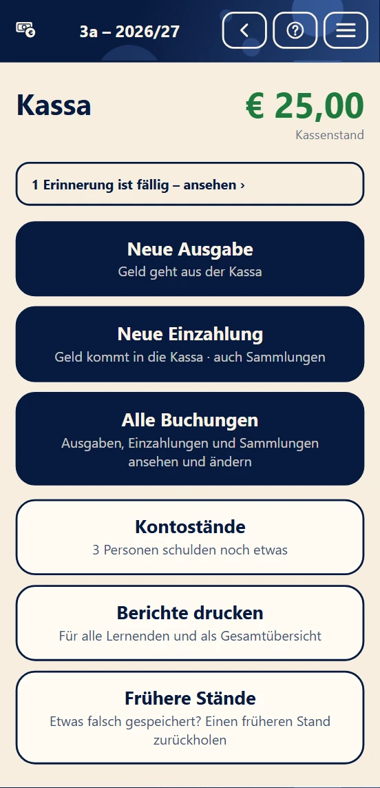 Startseite der Kassa einer Klasse mit Kassenstand und Aufgaben