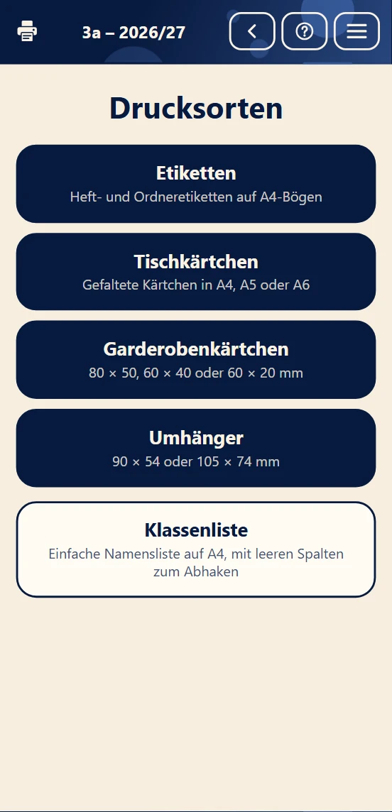 Startseite der Drucksorten mit Etiketten, Tischkärtchen, Garderobenkärtchen, Umhängern und Klassenliste