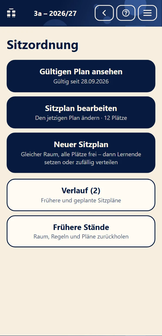 Startseite der Sitzordnung mit gültigem Plan, Bearbeiten und Verlauf