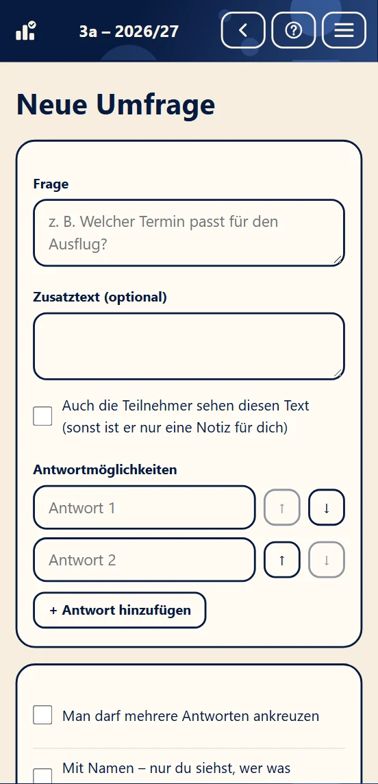 Neue Umfrage anlegen: Frage, Zusatztext und Antwortmöglichkeiten