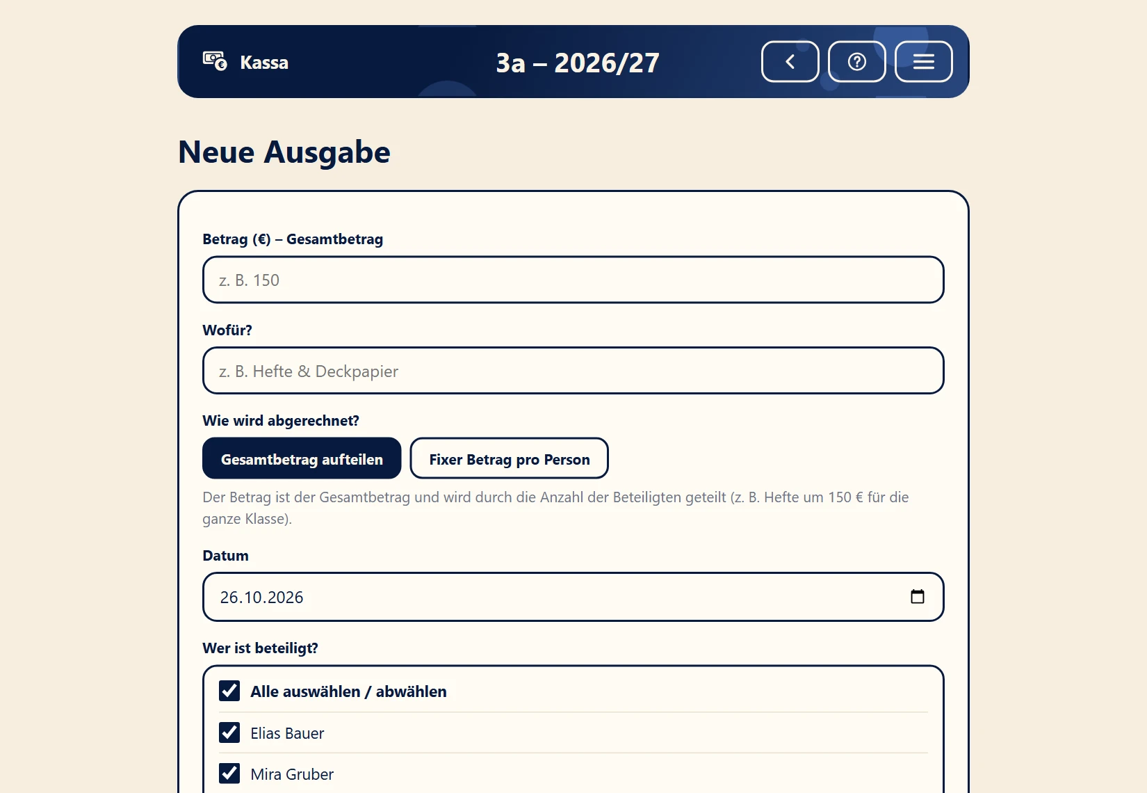 Neue Ausgabe: Gesamtbetrag aufteilen oder fixer Betrag pro Person, beteiligte Personen anhaken