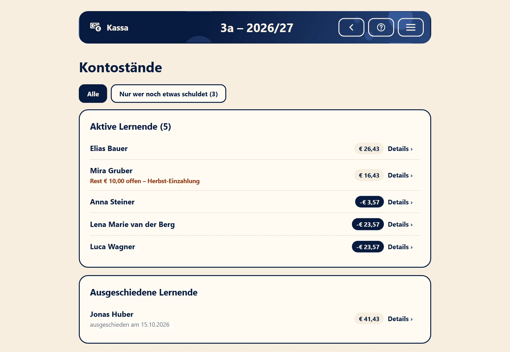 Kontostände der Kasse mit Guthaben und offenen Beträgen