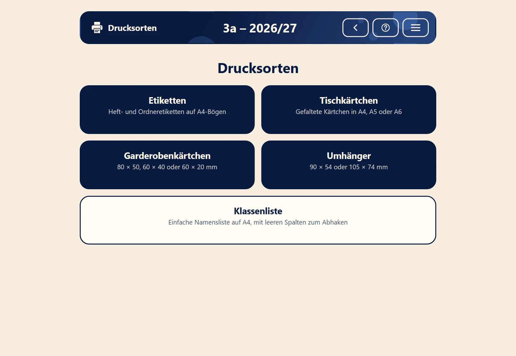 Startseite der Drucksorten mit allen Arten und der Klassenliste