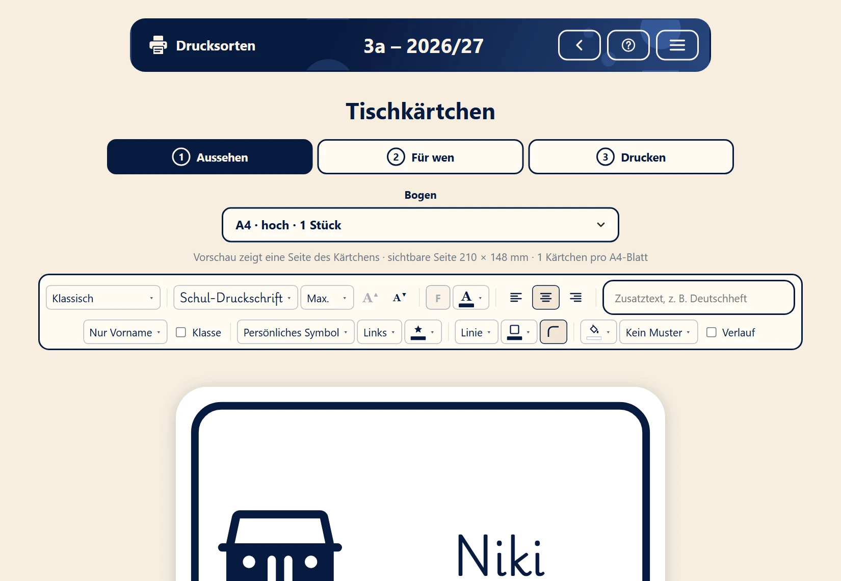 Tischkärtchen gestalten: Bogen wählen, Gestaltungsleiste und Vorschau