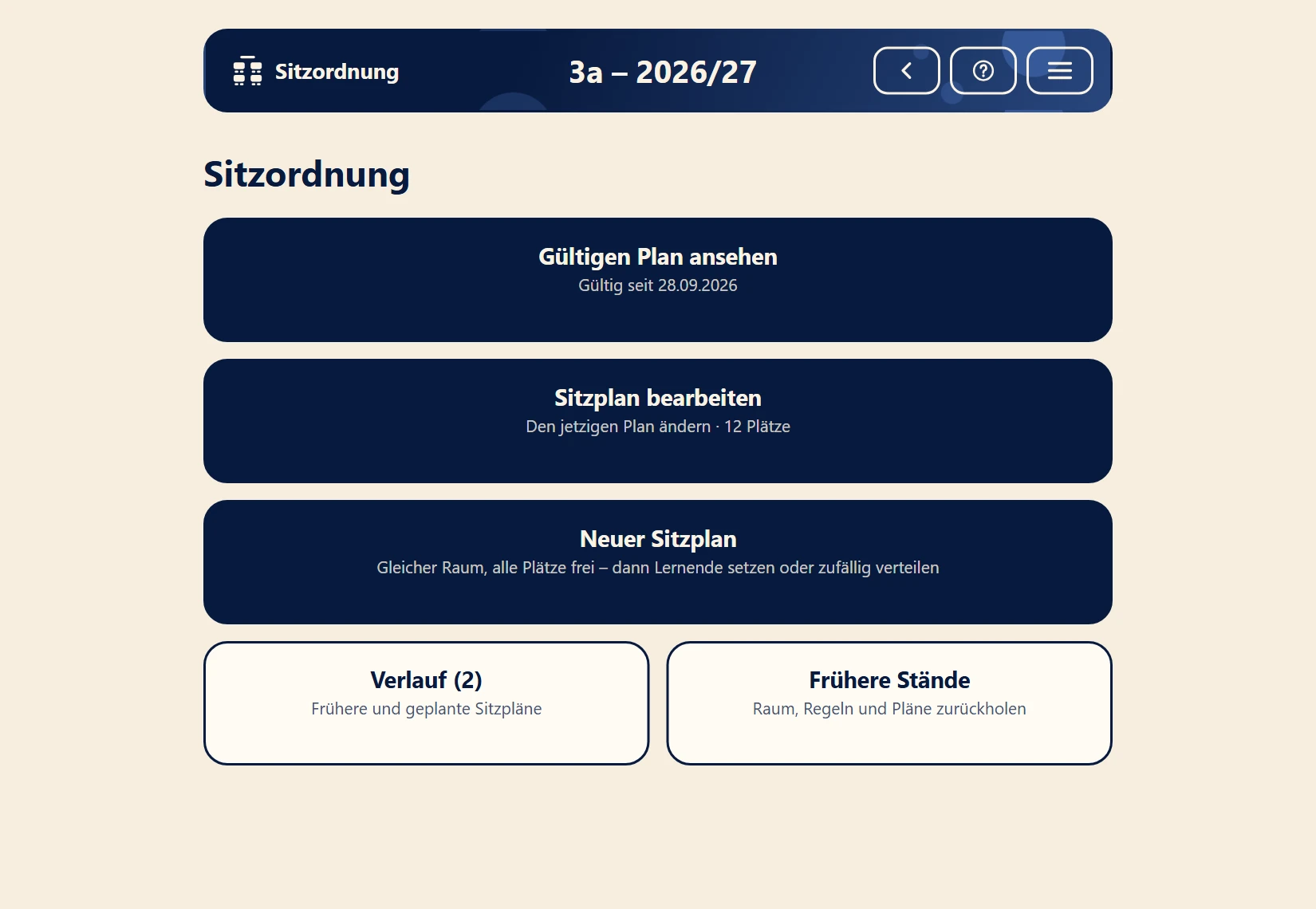 Startseite der Sitzordnung mit gültigem Plan, Bearbeiten, neuem Sitzplan und Verlauf