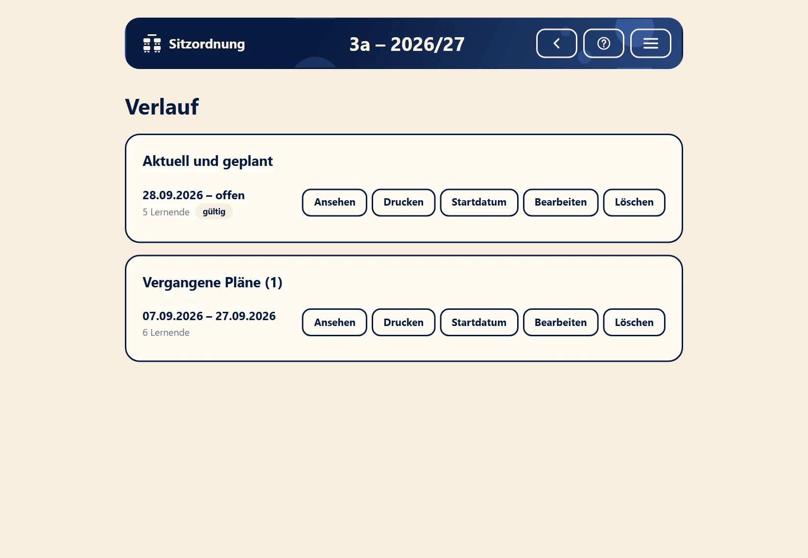 Verlauf der Sitzpläne: aktueller, geplante und vergangene Pläne mit Datum
