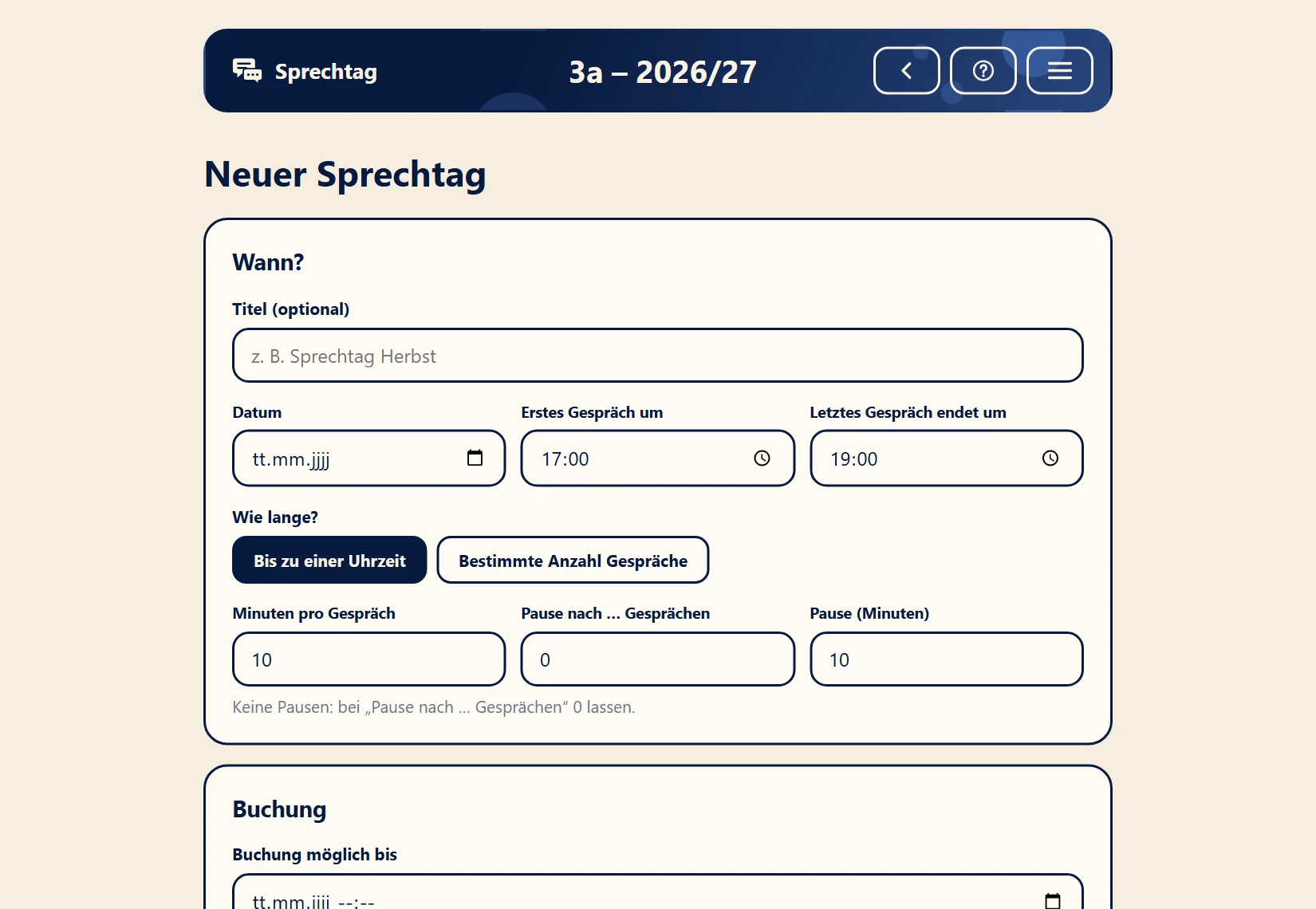 Neuen Sprechtag anlegen: Datum, erstes und letztes Gespräch, Dauer und Pausen