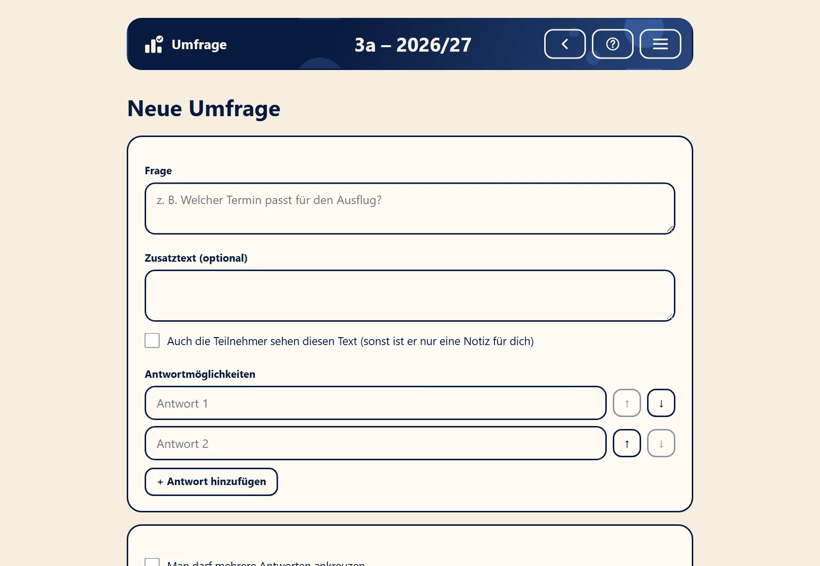 Neue Umfrage anlegen: Frage, Zusatztext und Antwortmöglichkeiten